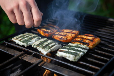 hand placing halloumi cheese over a hot charcoal grill, created with generative aiの素材