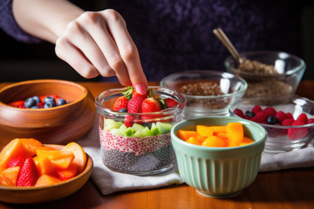 hand pouring a mix of fruits onto chia seed pudding, created with generative aiの素材
