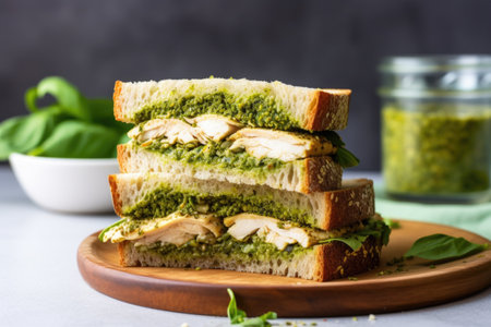 a sandwich with an open lid revealing chicken and pesto, created with generative aiの素材