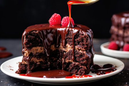 spooning raspberry sauce onto a slice of chocolate cake, created with generative aiの素材
