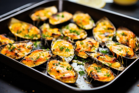 a tray full of grilled mussels, created with generative aiの素材