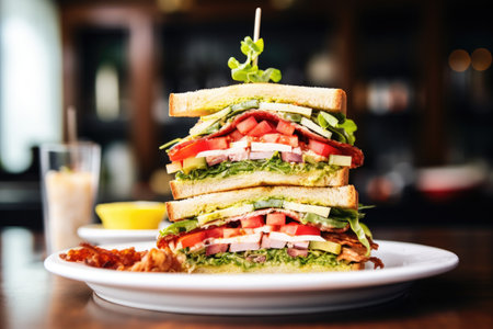 a towering clubhouse sandwich under bright, soft light, created with generative aiの素材
