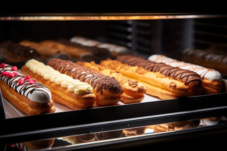 eclairs in a bakery display with ambient lighting, created with generative aiの素材