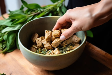 hand garnishing bowl of tempeh with herbs, created with generative aiの素材