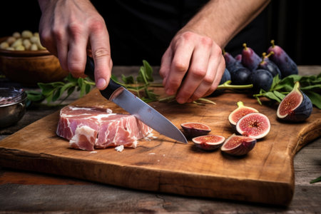 hand slicing ripe figs down on wooden board, created with generative aiの素材