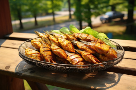 wire basket full of grilled fish on picnic table, created with generative aiの素材