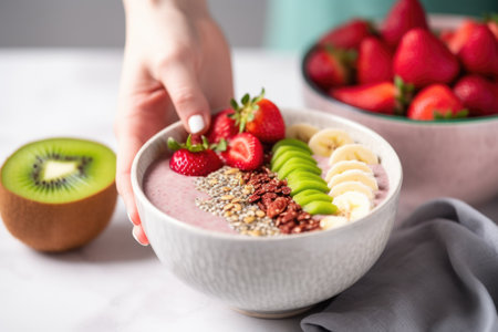 hand serving a hearty bowl of flaxseed smoothie with fresh fruits, created with generative aiの素材