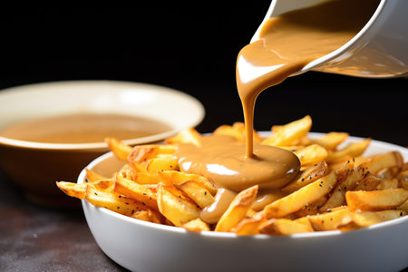serving french fries with a side of gravy, created with generative aiの素材