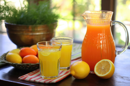 carrots and a glass pitcher filled with juice, created with generative aiの素材