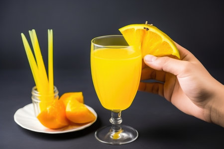 hand presenting glass of mango juice with a cocktail umbrella, created with generative aiの素材