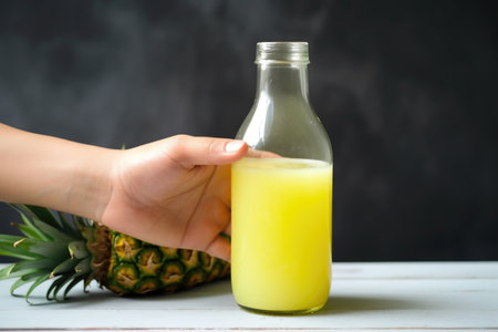 hand holding a bottle of fresh pineapple juice, ready to serve, created with generative aiの素材