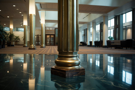 antique column reflecting on the shiny floor of a corporate office, created with generative aiの素材