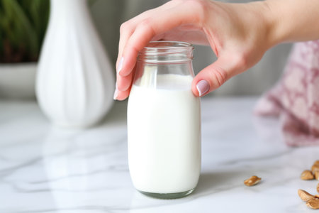 hand placing a cap on a bottle of almond milk, created with generative aiの素材