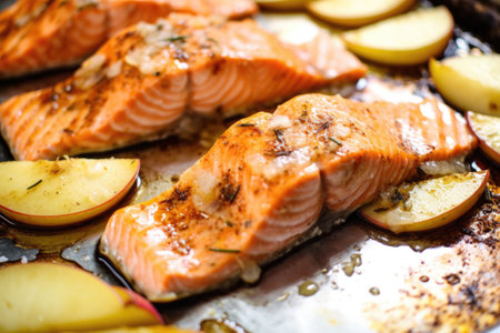 close-up of apple cider soaked salmon ready for grilling, created with generative aiの素材