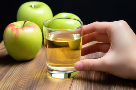 hand holding an apple next to a glass of apple cider vinegar drink, created with generative aiの素材