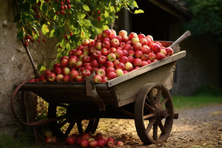 wheelbarrow filled with freshly picked apples, created with generative aiの素材