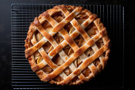 top-down shot of an apple pie cooling on a wire rack, created with generative aiの素材