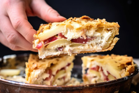 cross-section of an applie pie showing layers with a hand holding a serving spatula, created with generative aiの素材