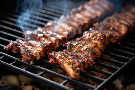 pork ribs cooking over applewood chips on a grill, created with generative aiの素材