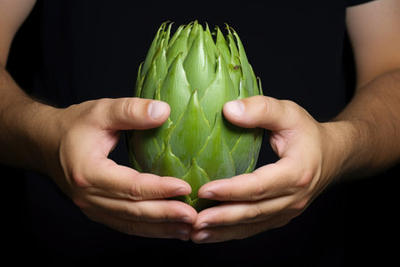 gripping an artichoke heart between two fingers, created with generative aiの素材