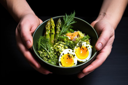 hand holding a bowl of chilled asparagus and quail egg salad, created with generative aiの素材
