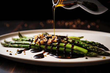 drizzling balsamic glaze over a dish of asparagus and scrambled quail eggs, created with generative aiの素材