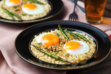 spooning risotto with cut asparagus and cooked quail eggs onto a plate, created with generative aiの素材