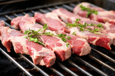 close-up of raw lamb chops on a clean grill, created with generative aiの素材