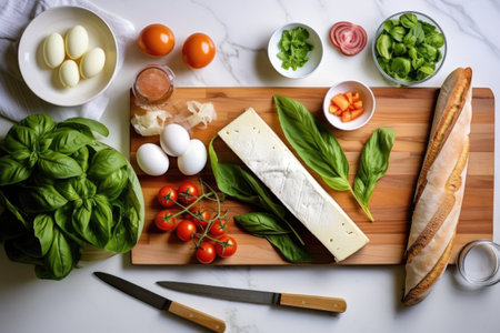 flat lay of a baguette sandwich with caprese salad ingredients, created with generative aiの素材