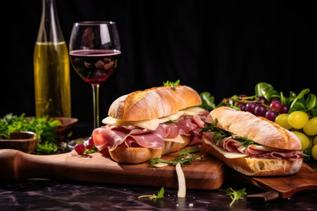 traditional french baguette sandwich with butter and ham, created with generative aiの素材