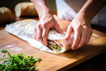 hand wrapping a baguette sandwich in paper, created with generative aiの素材