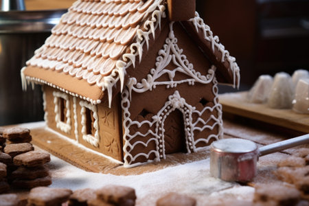 detailed view of a gingerbread house decoration process, created with generative aiの素材