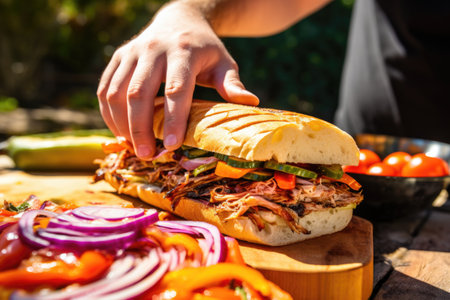 hand picking up a barbecue sandwich filled generously with grilled veggies, created with generative aiの素材