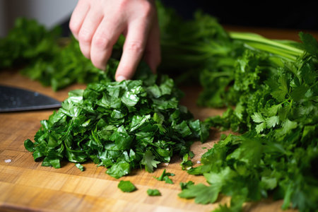 hand-chopping fresh parsley for grilled mussels, created with generative aiの素材