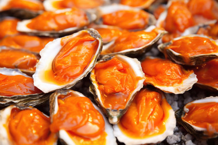 close-up of bright shells of barbecued oysters, created with generative aiの素材