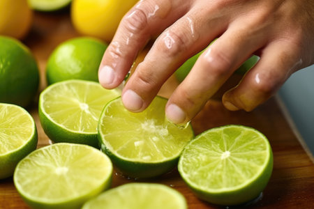 hand squeezing fresh lime on cooked oysters, created with generative aiの素材