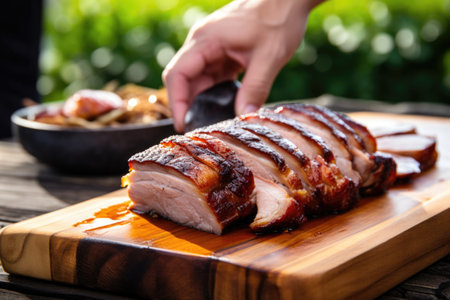 hand serving grilled pork belly on a wooden plate, created with generative aiの素材