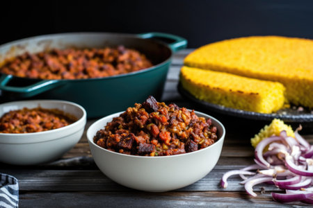 filling a bowl with chili beside a pile of bbq cornbread, created with generative aiの素材