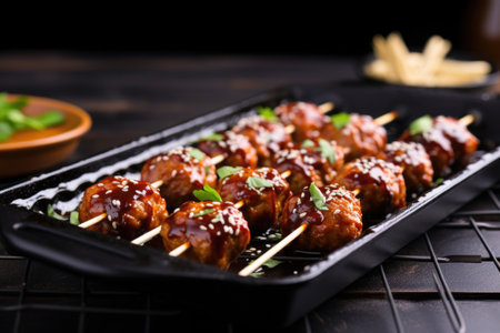 bbq meatball skewers on a black grilling pan, created with generative aiの素材