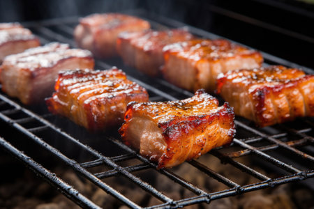 pork belly slices being grilled on a bbq rack, created with generative aiの素材