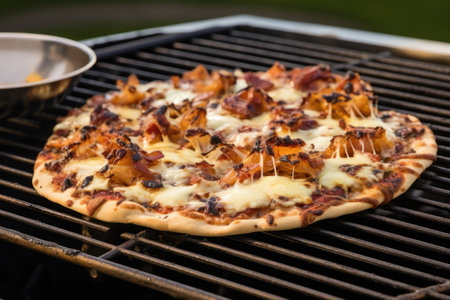 bbq pizza with various cheeses on metal grill, created with generative aiの素材