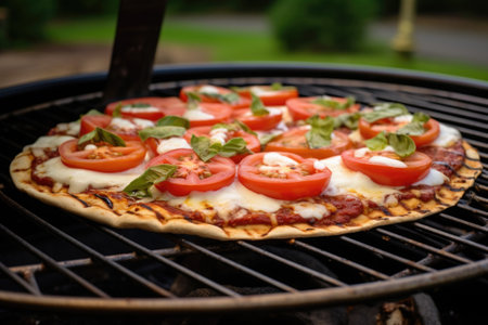 home cooked bbq pizza with tomatoes and mozzarella on grill, created with generative aiの素材