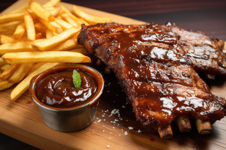close up of bbq ribs with caramelized sauce and chunky fries, created with generative aiの素材