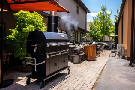commercial-sized bbq smoker in a restaurant yard, created with generative aiの素材