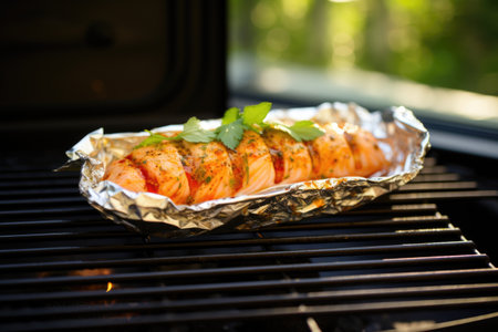 bbq spiced shrimp wrapped in foil on a grill, created with generative aiの素材