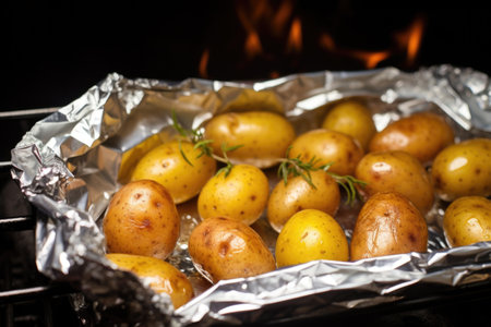 baby potatoes in foil roasting on charcoal, created with generative aiの素材