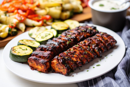 tempeh bbq ribs with grilled vegetables on the side, created with generative aiの素材