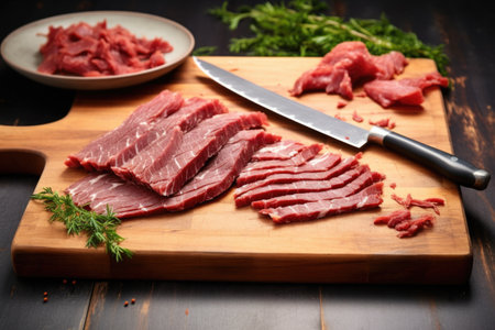 raw beef brisket slices on a board with a knife, created with generative aiの素材