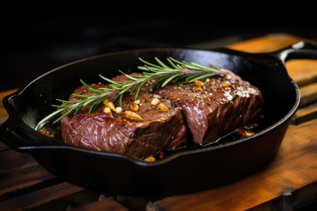 beef roast prepared with garlic and rosemary in an iron skillet, created with generative aiの素材