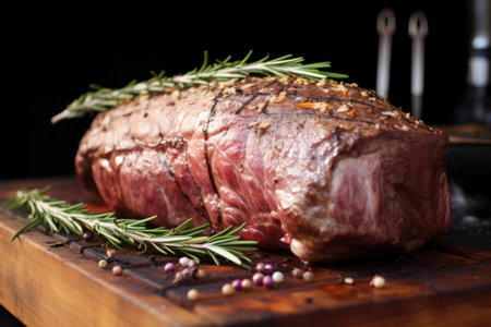 a large roasting joint of beef with garlic cloves and fresh rosemary on top, created with generative aiの素材